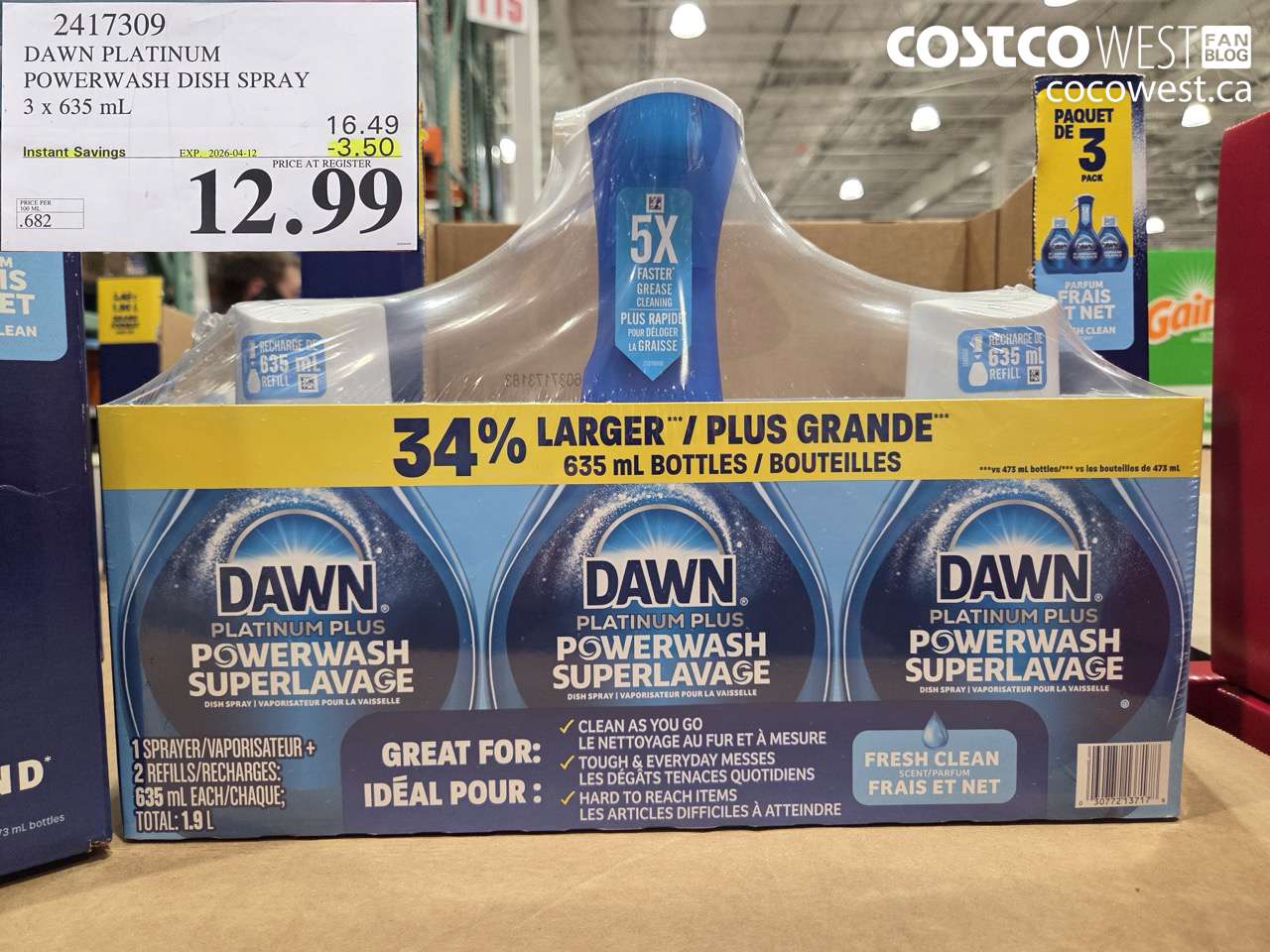 2417309 DAWN PLATINUM POWERWASH DISH SPRAY 3 X 635ML ($3.50 INSTANT SAVINGS EXPIRES ON 2026-04-12) $12.99