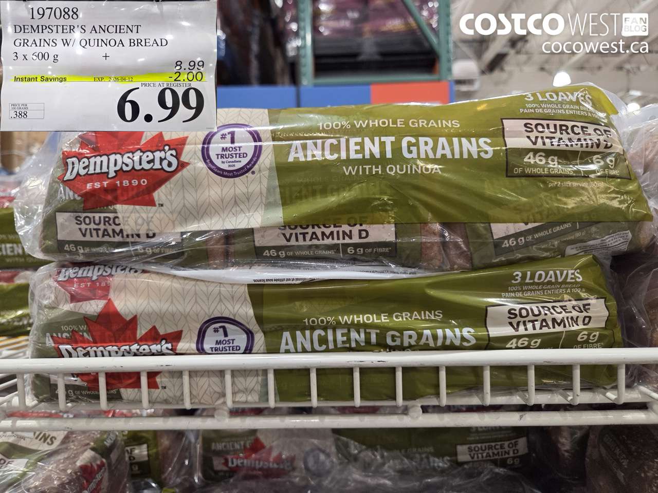 197088 DEMPSTER'S ANCIENT GRAINS W/ QUINOA BREAD 3 X 600G ($2.00 INSTANT SAVINGS EXPIRES ON 2026-04-12) $6.99