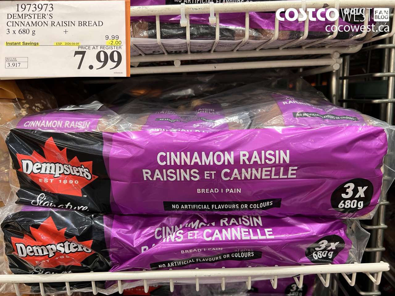 1973973 DEMPSTER'S CINNAMON RAISIN BREAD 3 X 680G ($2.00 INSTANT SAVINGS EXPIRES ON 2026-04-05) $7.99