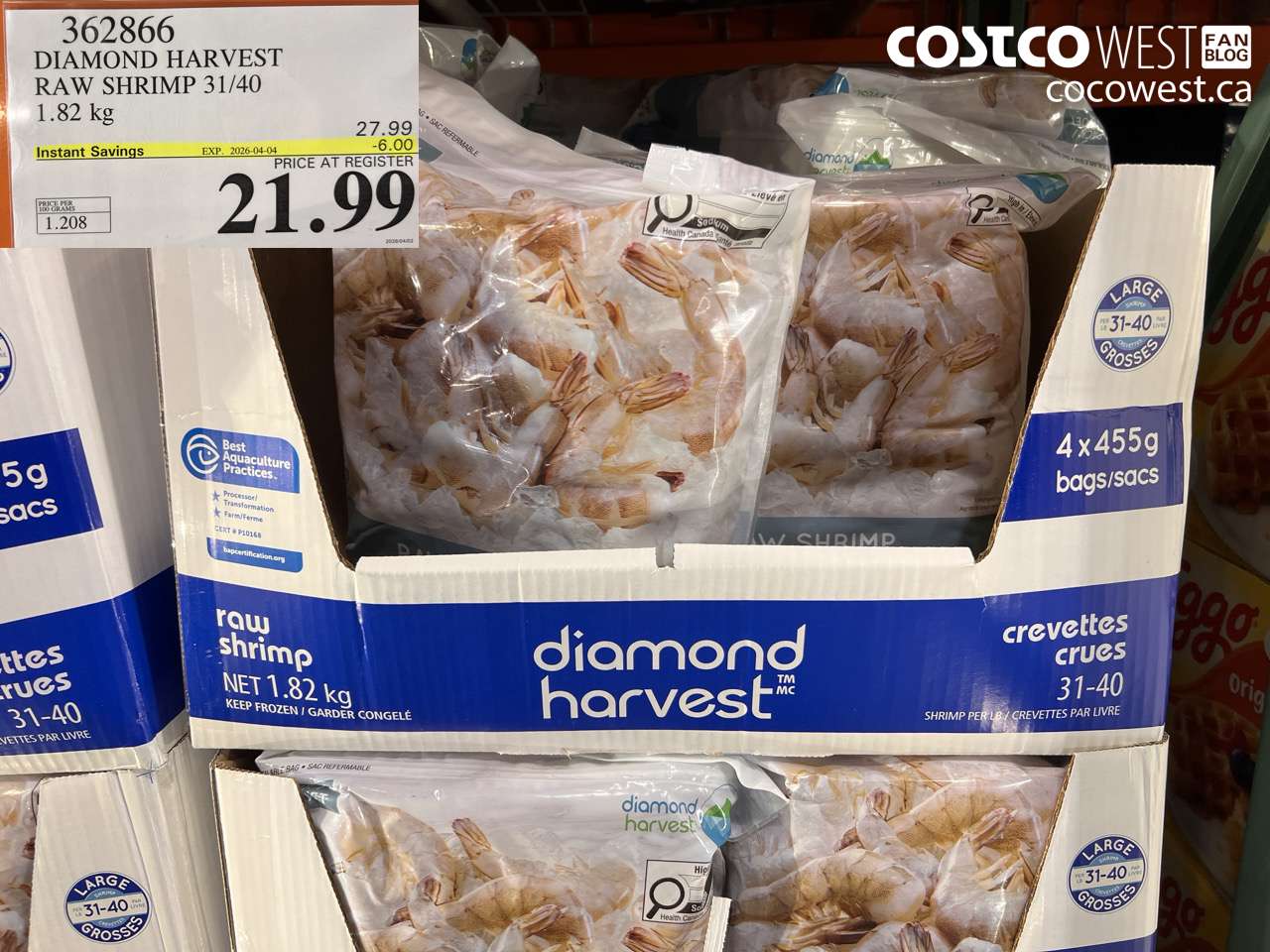 362866 DIAMOND HARVEST RAW SHRIMP 31/40 1.82KG ($6.00 INSTANT SAVINGS EXPIRES ON 2026-04-04) $21.99