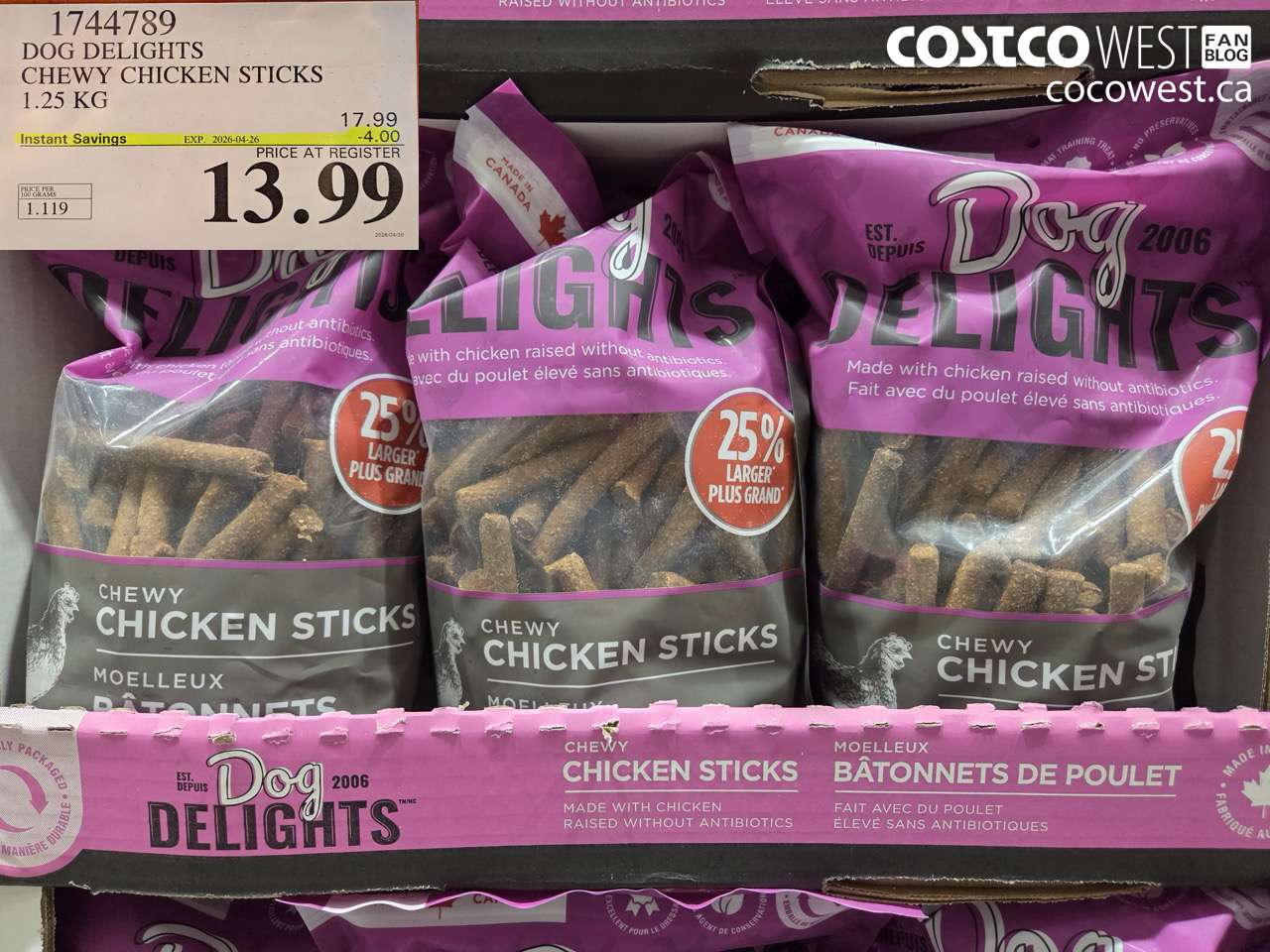 1744789 DOG DELIGHTS CHEWY CHICKEN STICKS 1.25 KG ($4.00 INSTANT SAVINGS EXPIRES ON 2026-04-26) $13.99