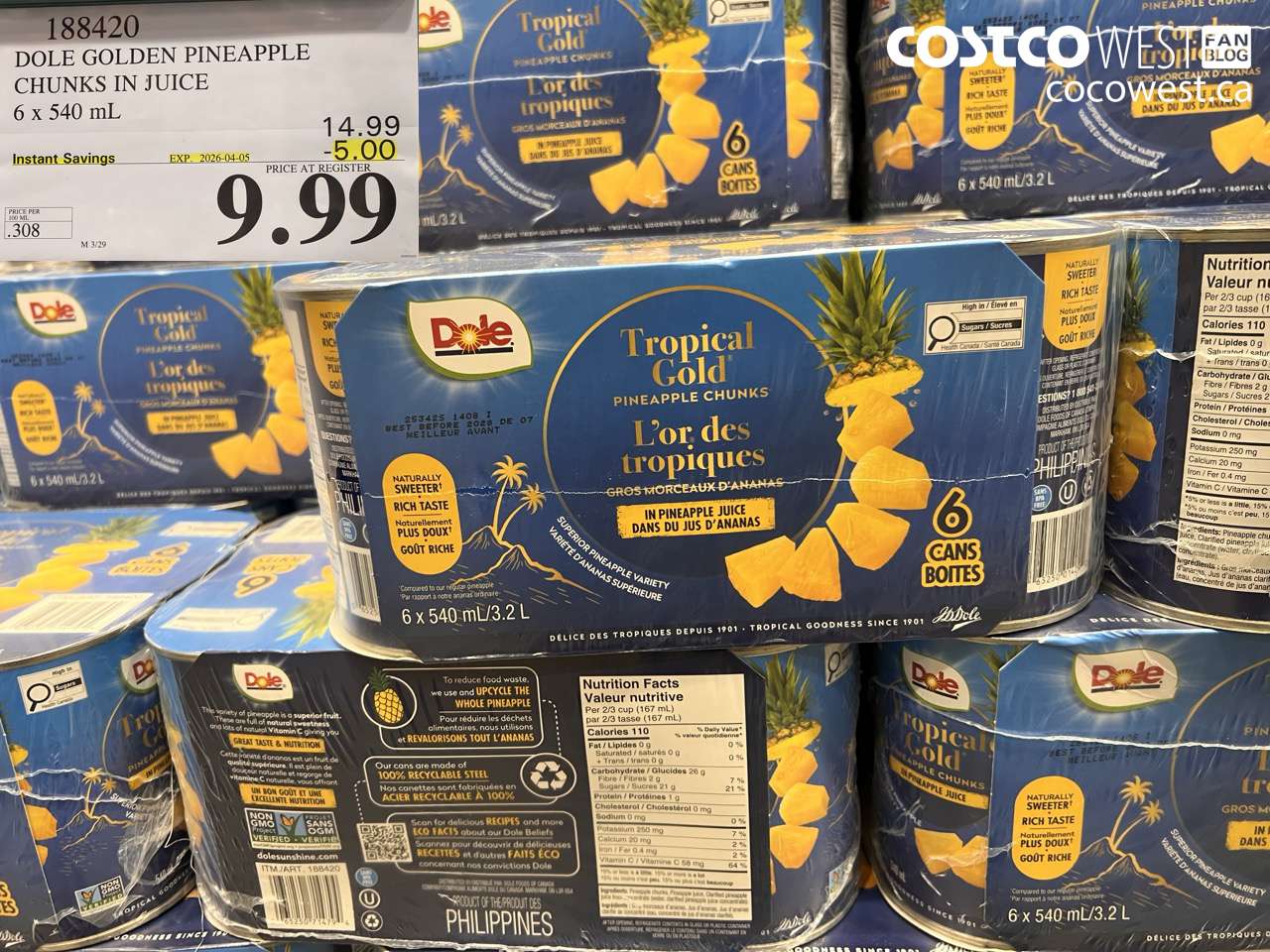 188420 DOLE GOLDEN PINEAPPLE CHUNKS IN JUICE 6 X 540ML ($5.00 INSTANT SAVINGS EXPIRES ON 2026-04-05) $9.99
