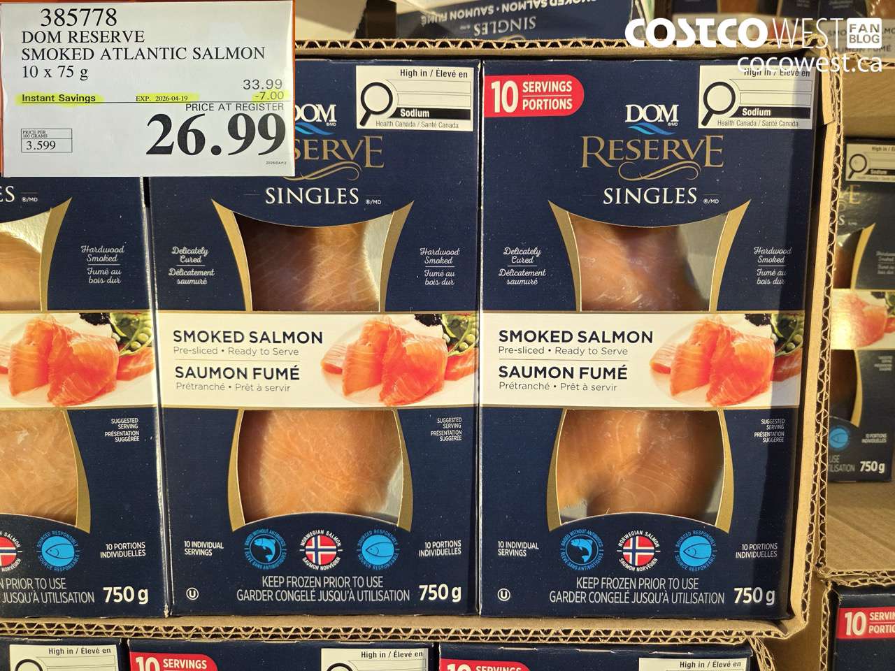 385778 DOM RESERVE SMOKED ATLANTIC SALMON 10 X 75 G ($7.00 INSTANT SAVINGS EXPIRES ON 2026-04-19) $26.99