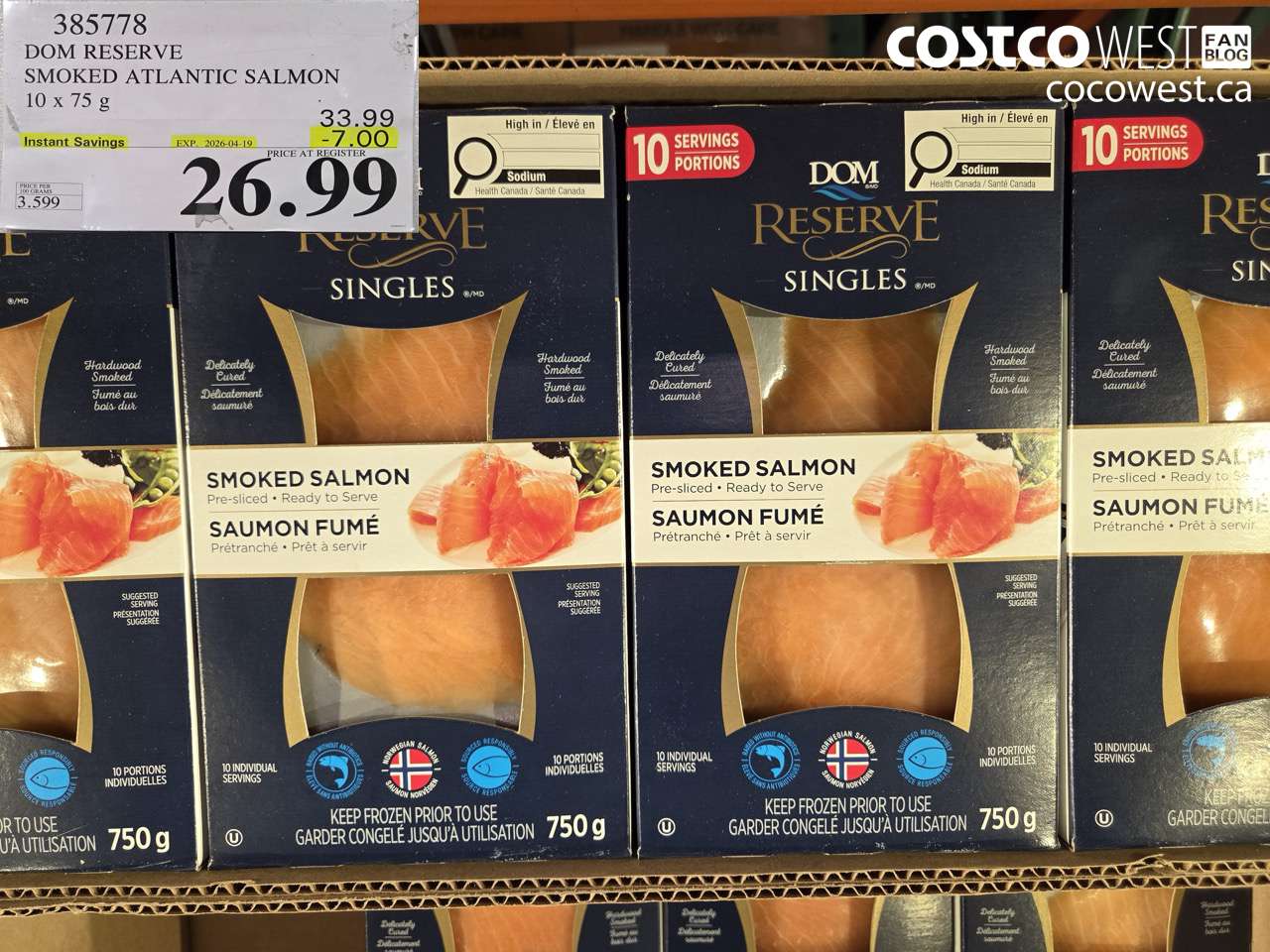 385778 DOM RESERVE SMOKED ATLANTIC SALMON 10 x 75 g ($7.00 INSTANT SAVINGS EXPIRES ON 2026-04-19) $26.99