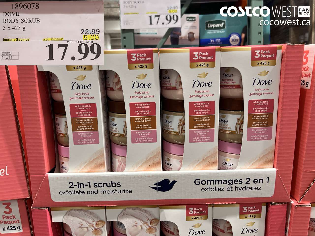 1896078 DOVE BODY SCRUB 3 X 425G ($5.00 INSTANT SAVINGS EXPIRES ON 2026-04-12) $17.99