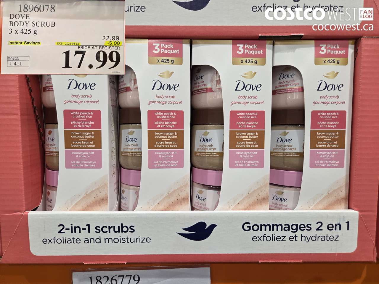 1896078 DOVE BODY SCRUB 3 X 425 G ($5.00 INSTANT SAVINGS EXPIRES ON 2026-04-12) $17.99