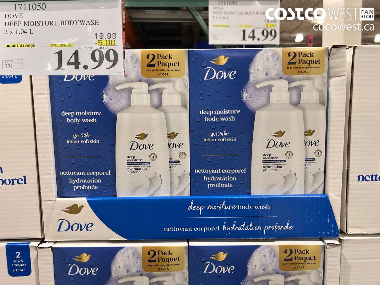 1711050 DOVE DEEP MOISTURE BODYWASH 2 X 1.04 L ($5.00 INSTANT SAVINGS EXPIRES ON 2026-04-12) $14.99