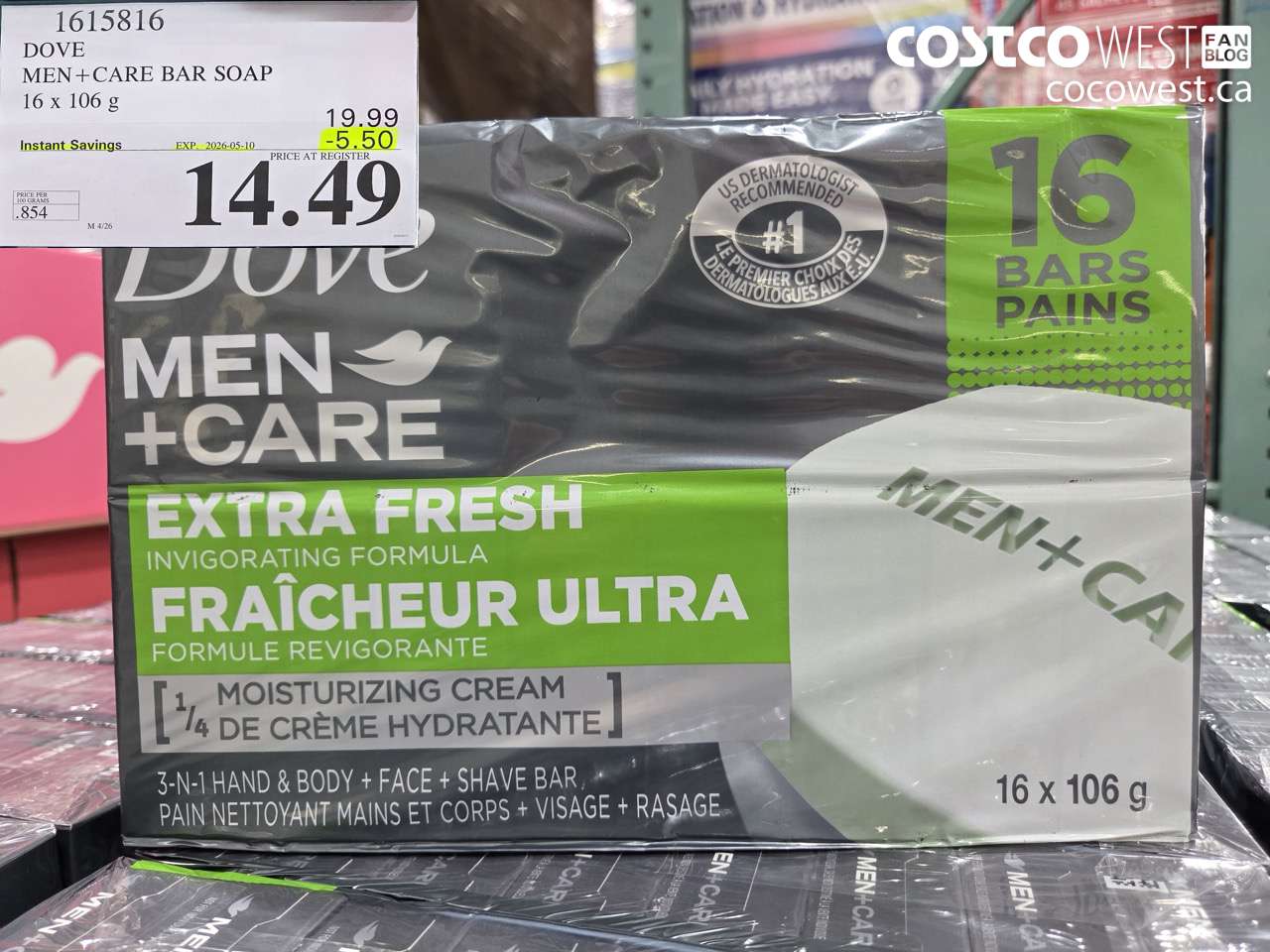 1615816 DOVE MEN+CARE BAR SOAP 16 X 106 G ($5.50 INSTANT SAVINGS EXPIRES ON 2026-05-10) $14.49