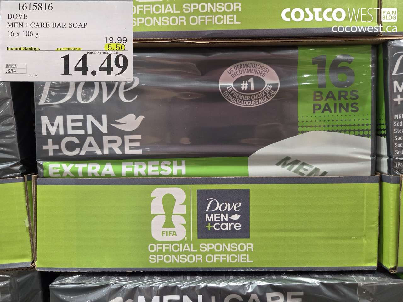 1615816 DOVE MEN + CARE BAR SOAP 16 X 106 G ($5.50 INSTANT SAVINGS EXPIRES ON 2026-05-10) $14.49