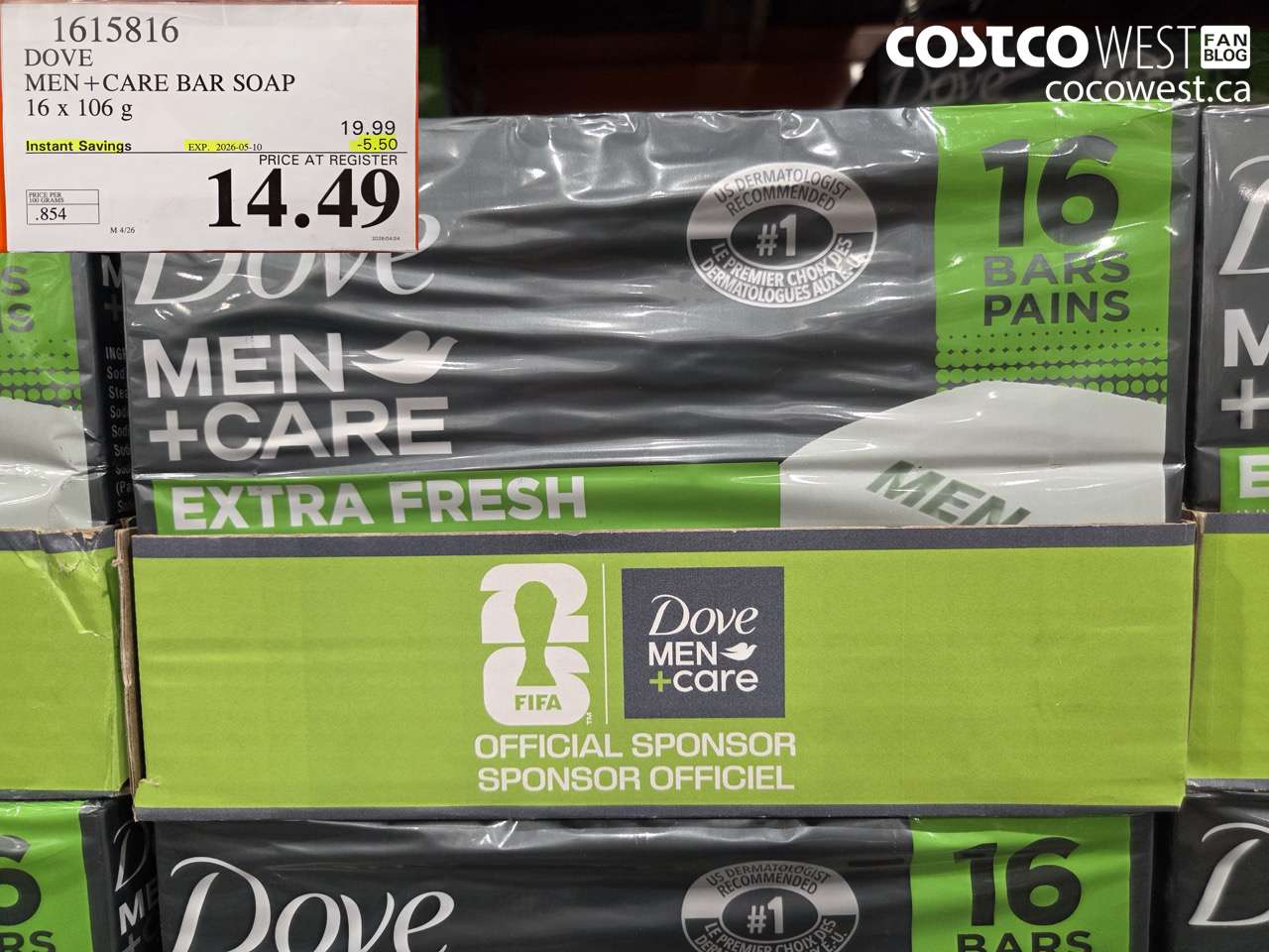 1615816 DOVE MEN + CARE BAR SOAP 16 X 106 G ($5.50 INSTANT SAVINGS EXPIRES ON 2026-05-10) $14.49