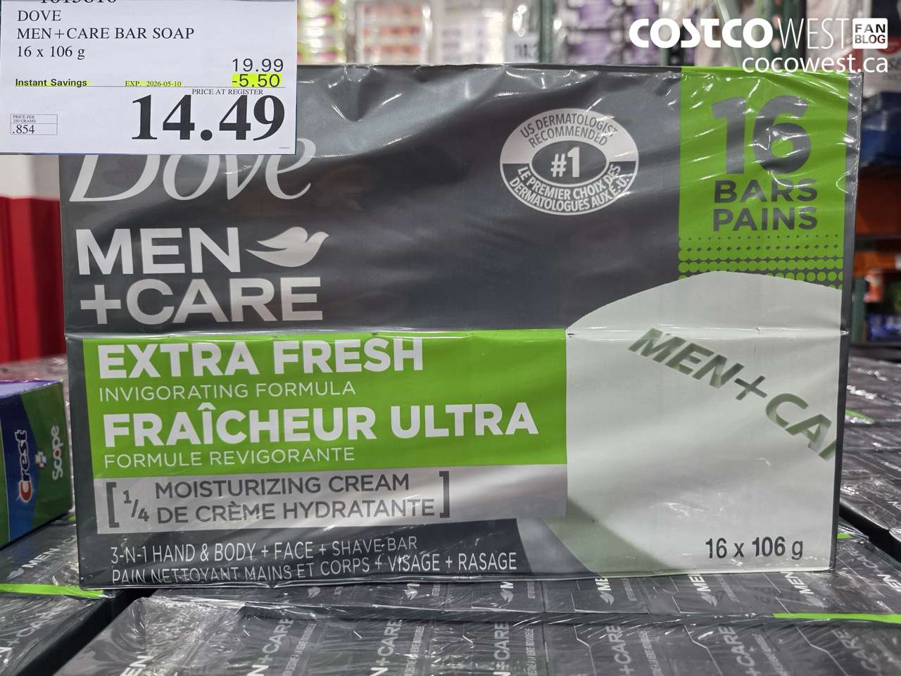 1615816 DOVE MEN + CARE BAR SOAP 16 X 106 G ($5.50 INSTANT SAVINGS EXPIRES ON 2026-05-10) $14.49