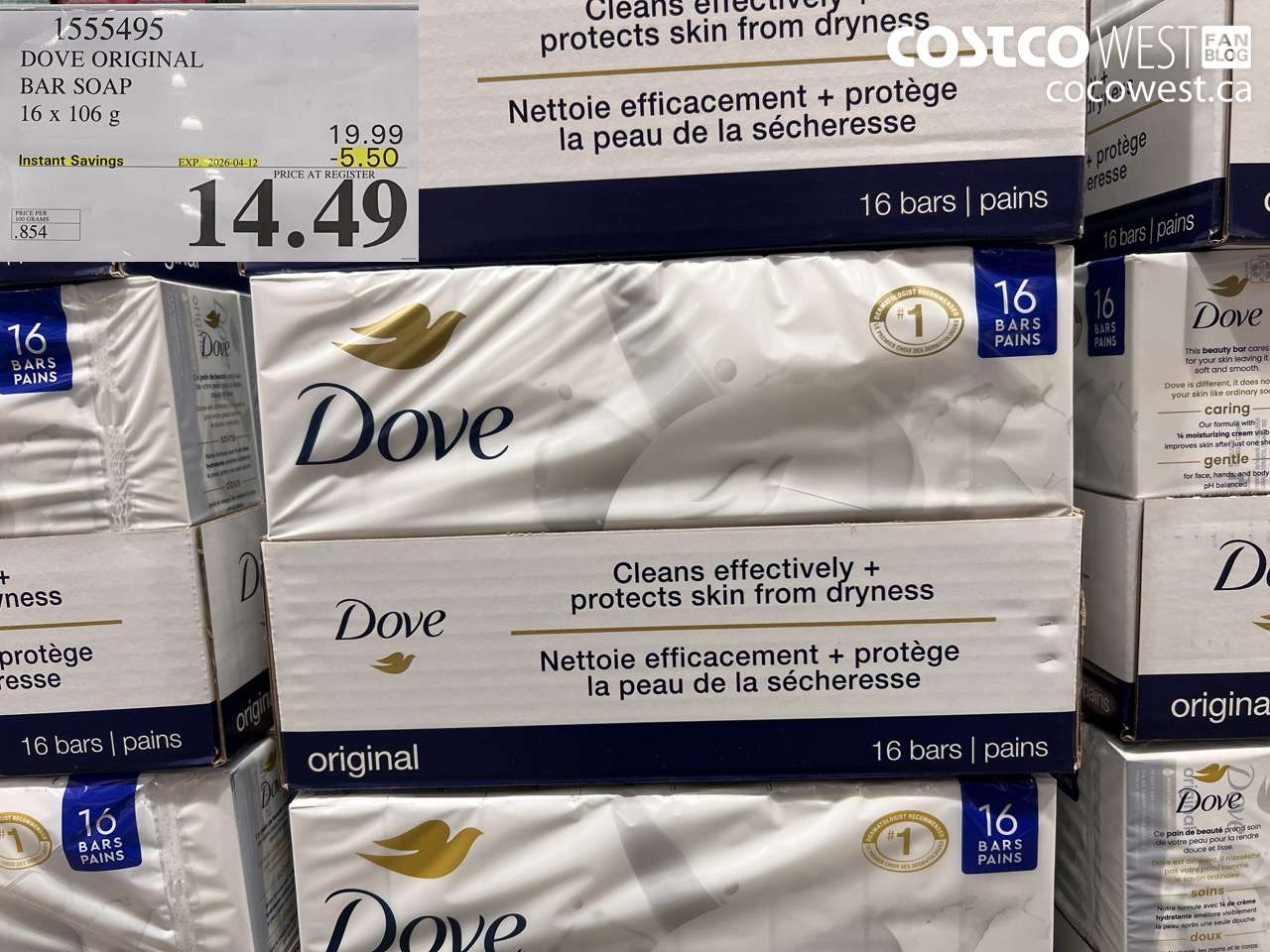 1555495 DOVE ORIGINAL BAR SOAP 16 X 106 G ($5.50 INSTANT SAVINGS EXPIRES ON 2026-04-12) $14.49