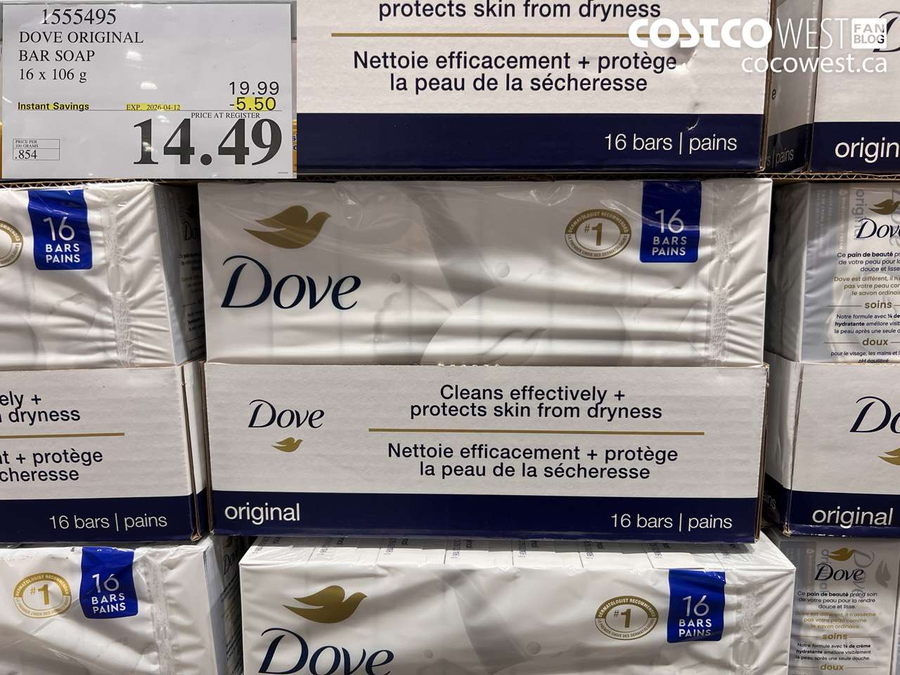 1555495 DOVE ORIGINAL BAR SOAP 16 X 106 G ($5.50 INSTANT SAVINGS EXPIRES ON 2026-04-12) $14.49