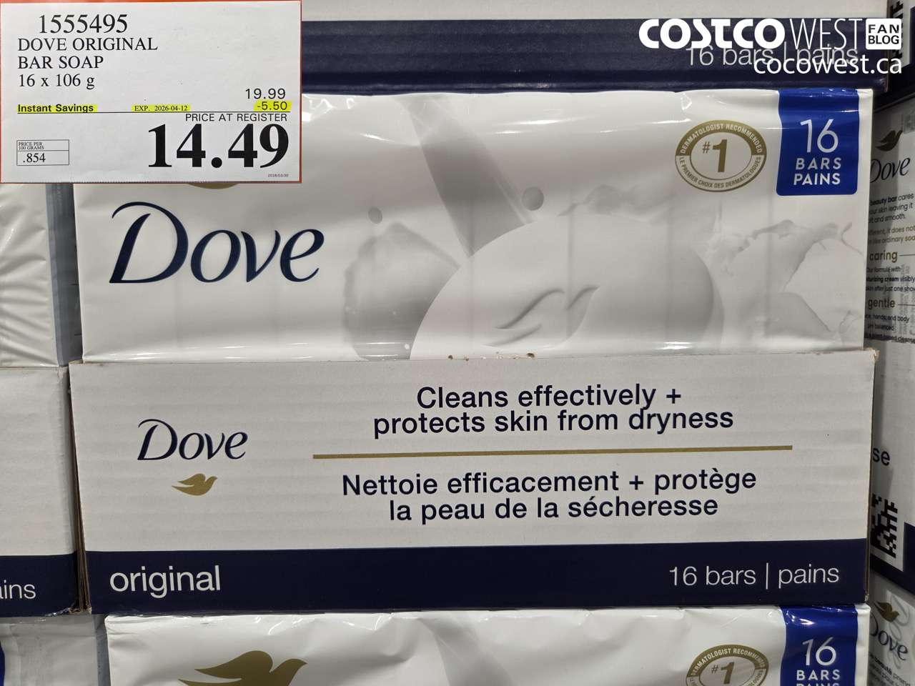 1555495 DOVE ORIGINAL BAR SOAP 16 X 106 G ($5.50 INSTANT SAVINGS EXPIRES ON 2026-04-12) $14.49
