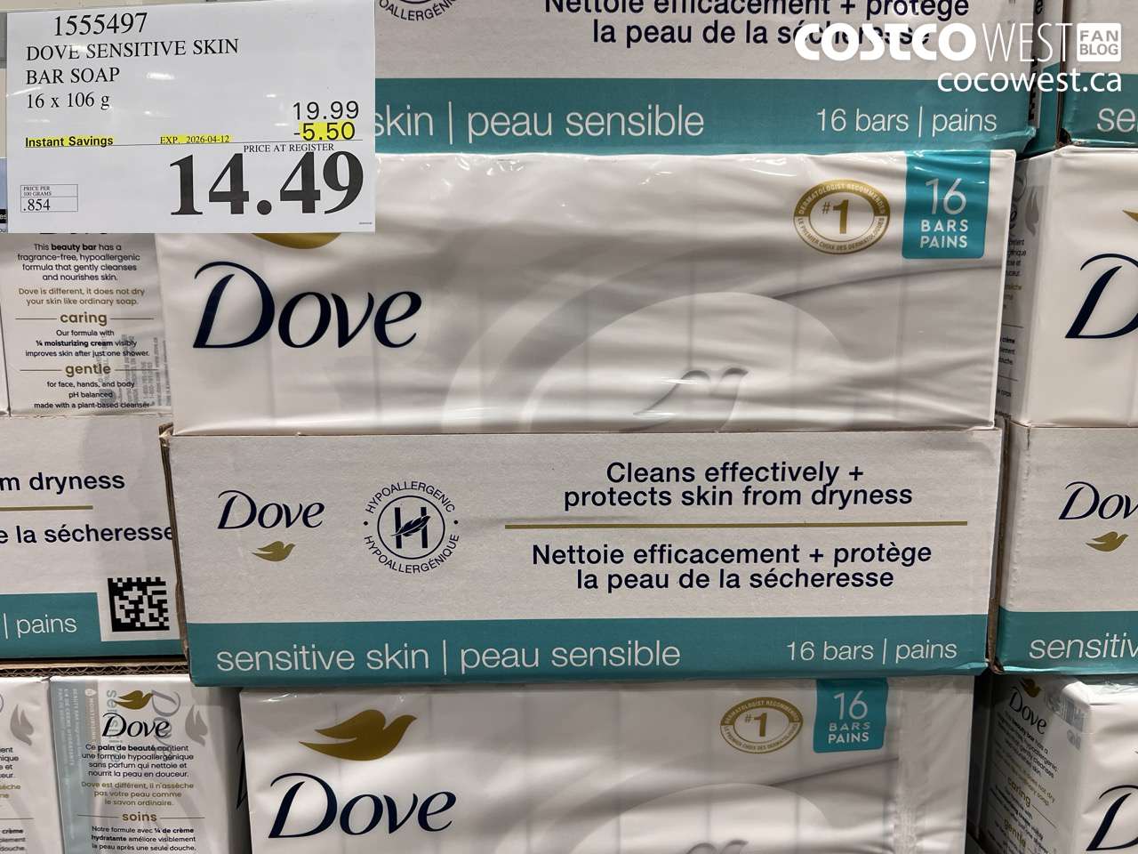 1555497 DOVE SENSITIVE SKIN BAR SOAP 16 X 106 G ($5.50 INSTANT SAVINGS EXPIRES ON 2026-04-12) $14.49