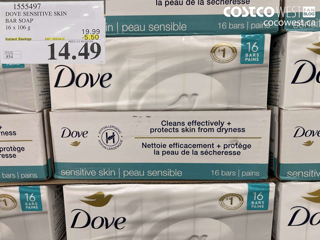 1555497 DOVE SENSITIVE SKIN BAR SOAP 16 X 106 G ($5.50 INSTANT SAVINGS EXPIRES ON 2026-04-12) $14.49