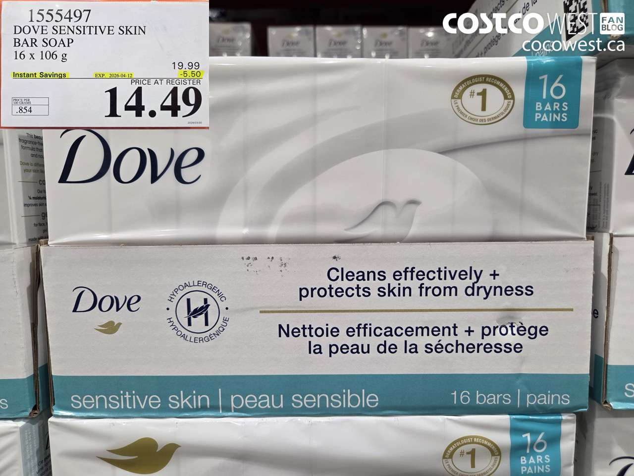 1555497 DOVE SENSITIVE SKIN BAR SOAP 16 X 106 G ($5.50 INSTANT SAVINGS EXPIRES ON 2026-04-12) $14.49