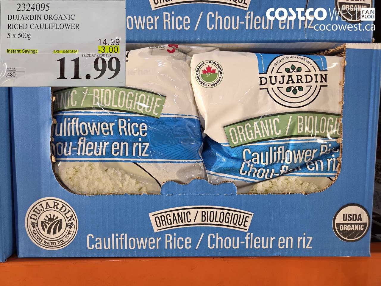 2324095 DUJARDIN ORGANIC RICED CAULIFLOWER 5 X 500G ($3.00 INSTANT SAVINGS EXPIRES ON 2026-05-03) $11.99