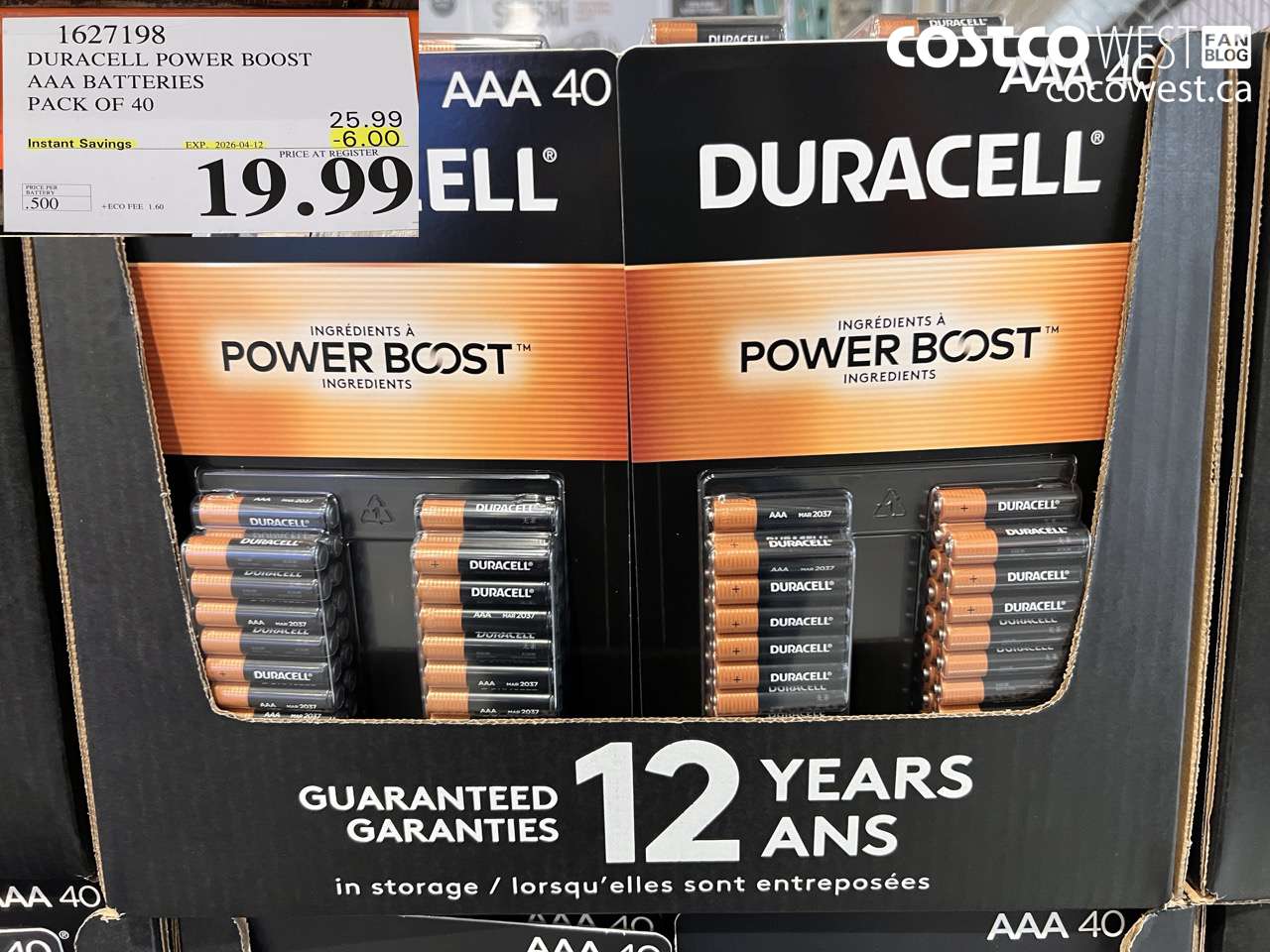 1627198 DURACELL POWER BOOST AAA BATTERIES PACK OF 40 ($6.00 INSTANT SAVINGS EXPIRES ON 2026-04-12) $19.99