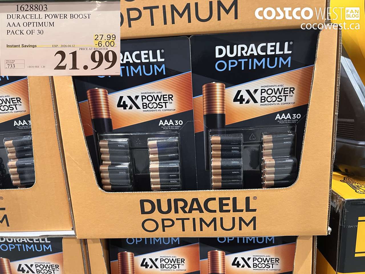 1628803 DURACELL POWER BOOST AAA OPTIMUM PACK OF 30 ($6.00 INSTANT SAVINGS EXPIRES ON 2026-04-12) $21.99