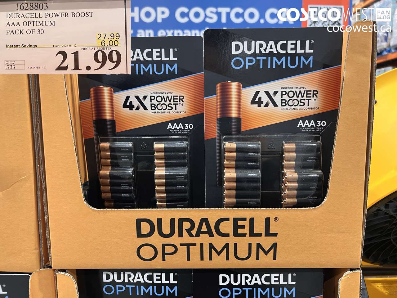 1628803 DURACELL POWER BOOST AAA OPTIMUM PACK OF 30 ($6.00 INSTANT SAVINGS EXPIRES ON 2026-04-12) $21.99