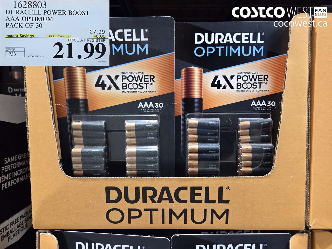 1628803 DURACELL POWER BOOST AAA OPTIMUM PACK OF 30 ($6.00 INSTANT SAVINGS EXPIRES ON 2026-04-12) $21.99