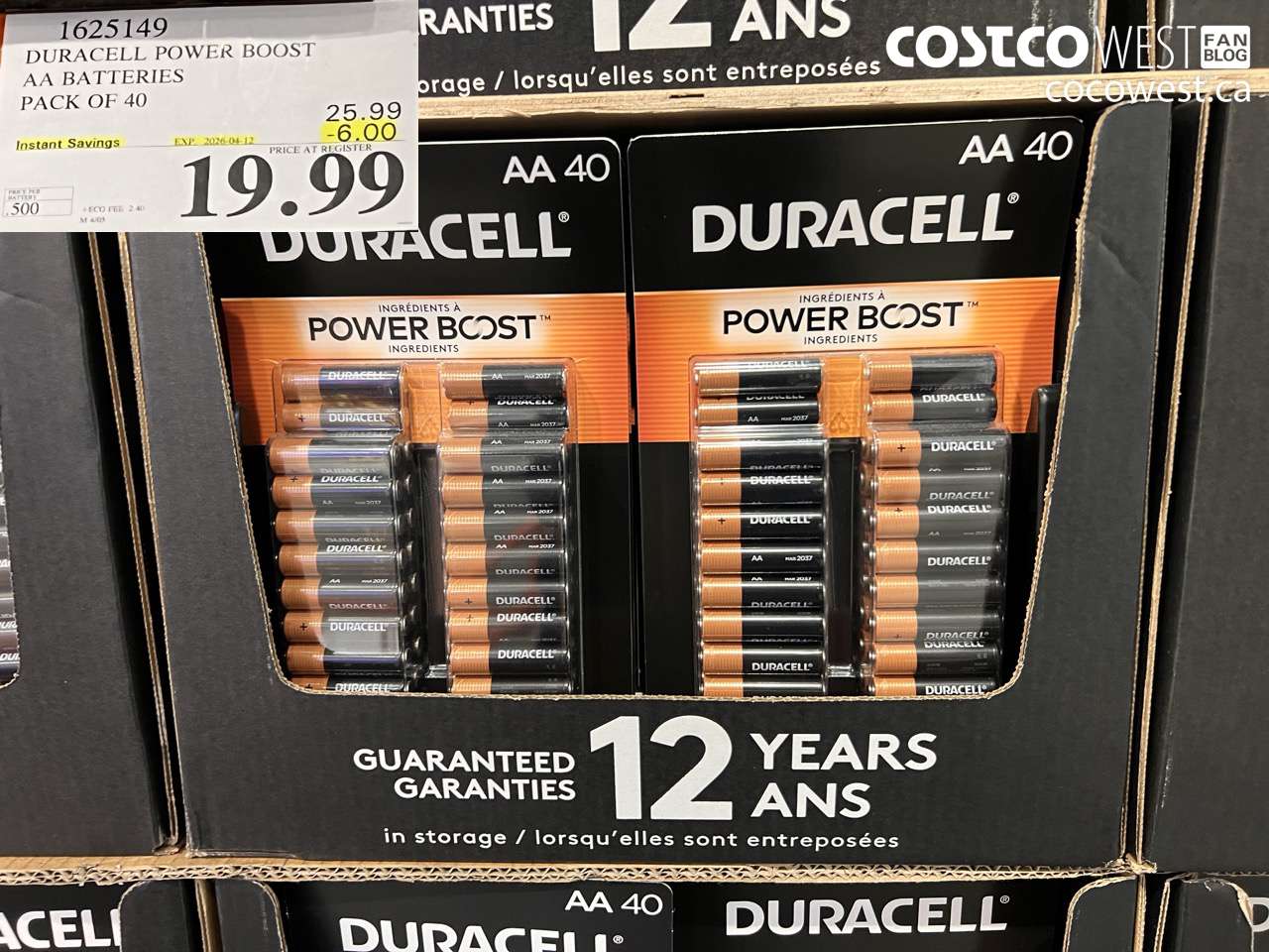 1625149 DURACELL POWER BOOST AA BATTERIES PACK OF 40 ($6.00 INSTANT SAVINGS EXPIRES ON 2026-04-12) $19.99