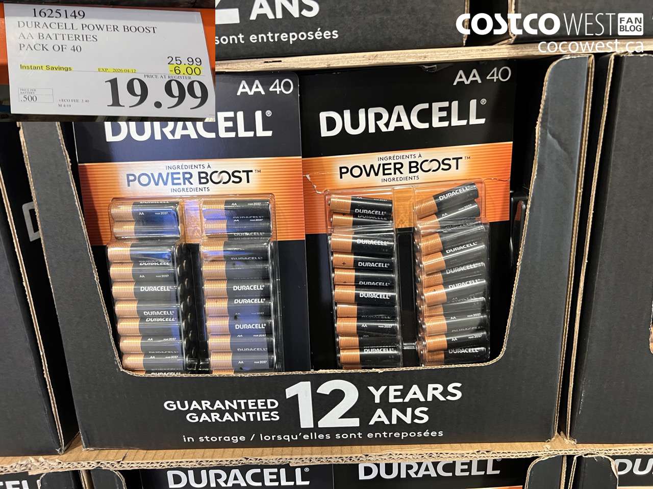 1625149 DURACELL POWER BOOST AA BATTERIES PACK OF 40 ($6.00 INSTANT SAVINGS EXPIRES ON 2026-04-12) $19.99
