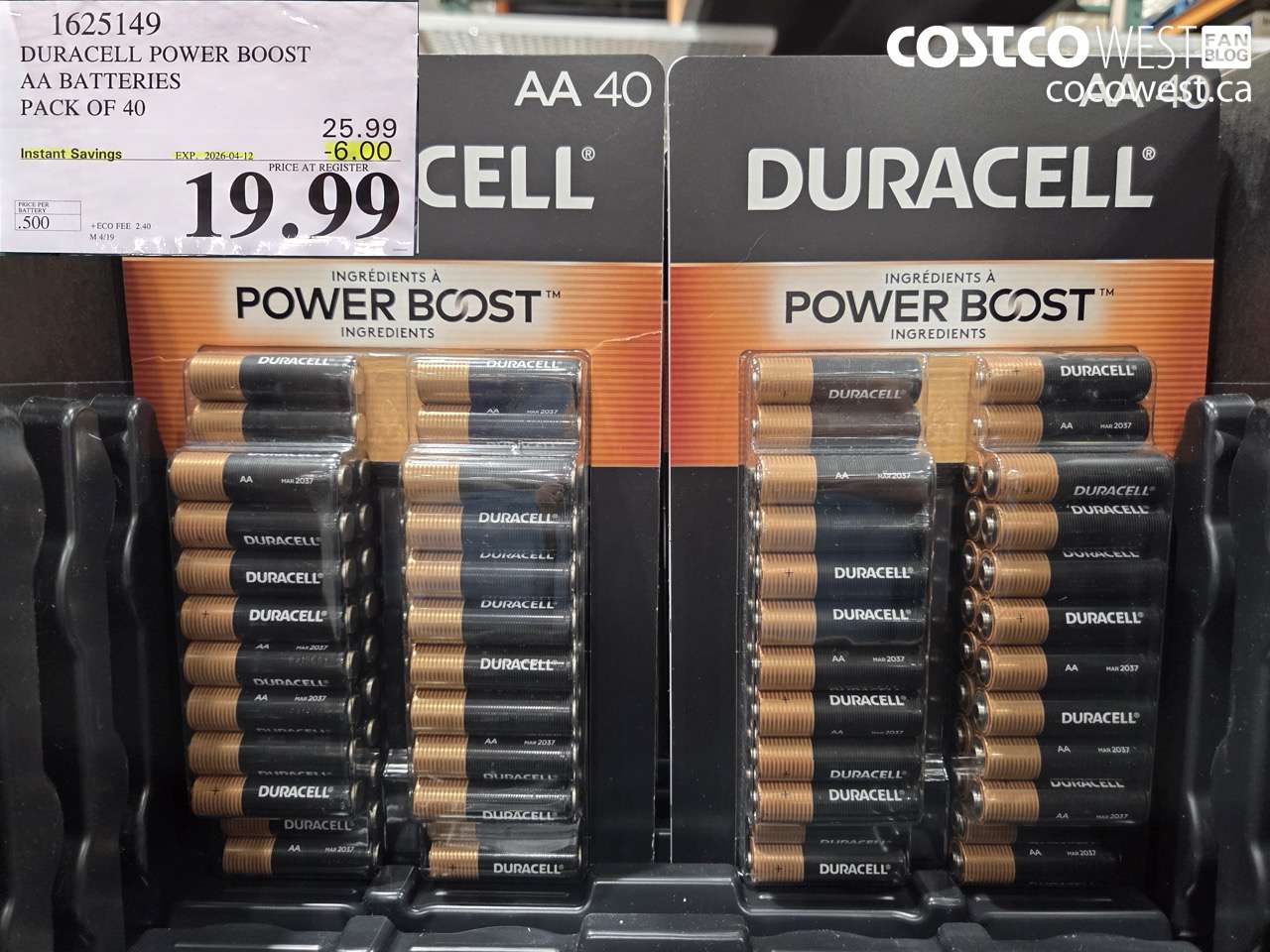 1625149 DURACELL POWER BOOST AA BATTERIES PACK OF 40 ($6.00 INSTANT SAVINGS EXPIRES ON 2026-04-12) $19.99