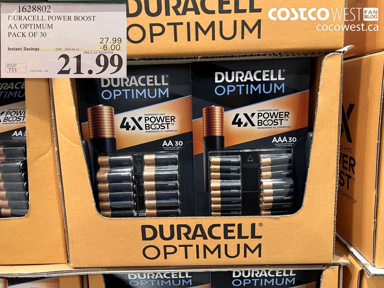 1628802 DURACELL POWER BOOST AA OPTIMUM PACK OF 30 ($6.00 INSTANT SAVINGS EXPIRES ON 2026-04-12) $21.99