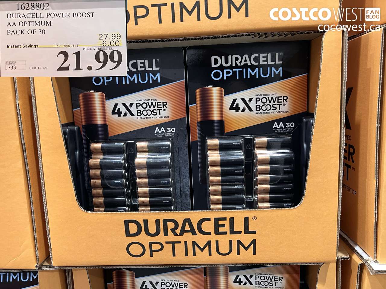 1628802 DURACELL POWER BOOST AA OPTIMUM PACK OF 30 ($6.00 INSTANT SAVINGS EXPIRES ON 2026-04-12) $21.99