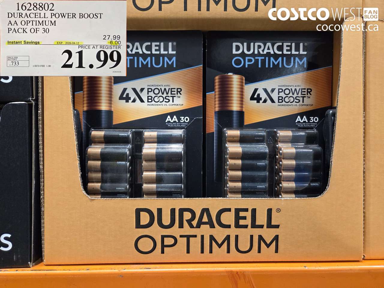 1628802 DURACELL POWER BOOST AA OPTIMUM PACK OF 30 ($6.00 INSTANT SAVINGS EXPIRES ON 2026-04-12) $21.99