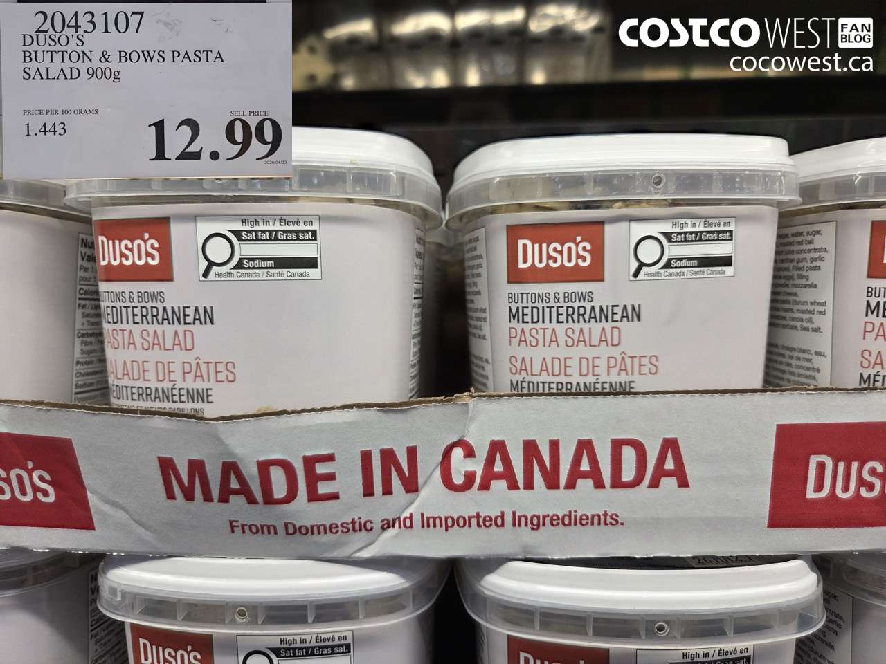 2043107 DUSO'S BUTTON & BOWS PASTA SALAD 900G $12.99