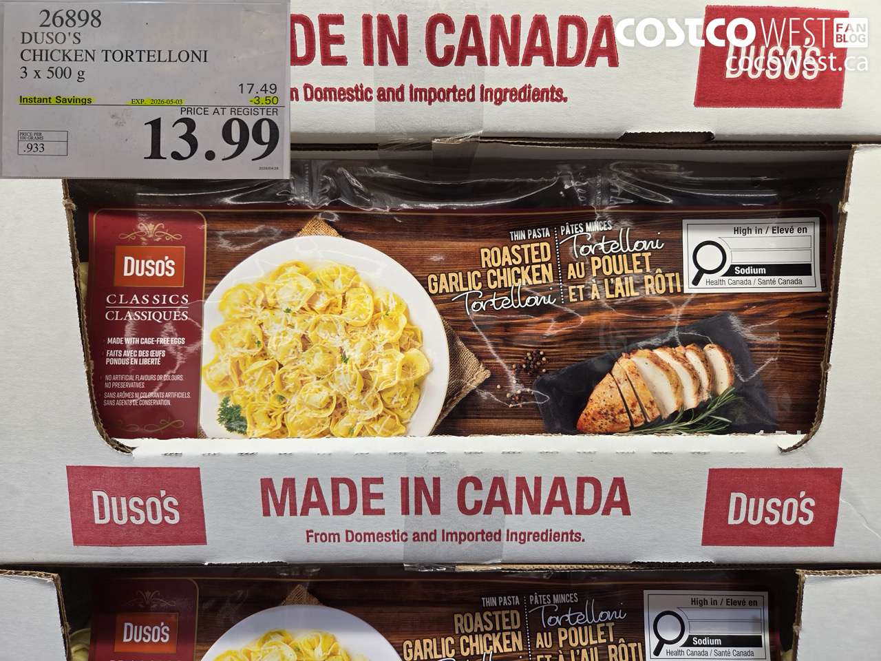 26898 DUSO'S CHICKEN TORTELLONI 3 X 500G ($3.50 INSTANT SAVINGS EXPIRES ON 2026-05-03) $13.99