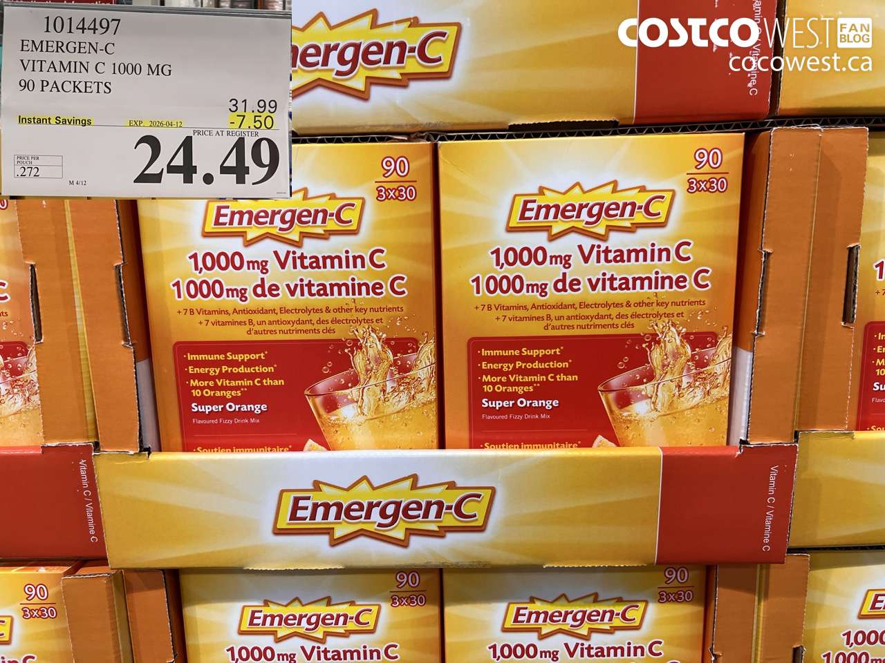 1014497 EMERGEN-C VITAMIN C 1000 MG 90 PACKETS ($7.50 INSTANT SAVINGS EXPIRES ON 2026-04-12) $24.49