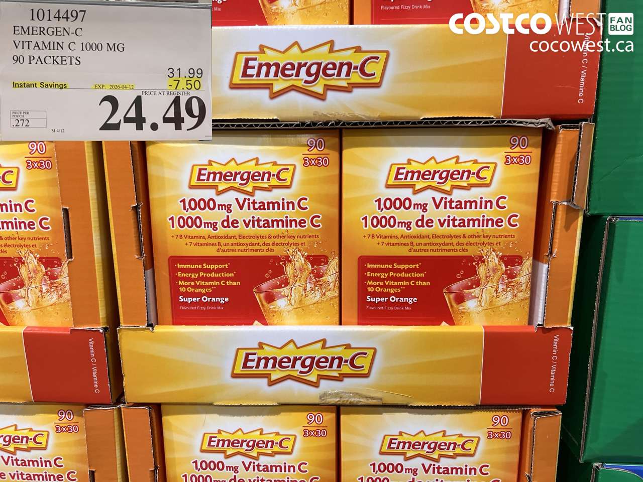 1014497 EMERGEN-C VITAMIN C 1000 MG 90 PACKETS ($7.50 INSTANT SAVINGS EXPIRES ON 2026-04-12) $24.49