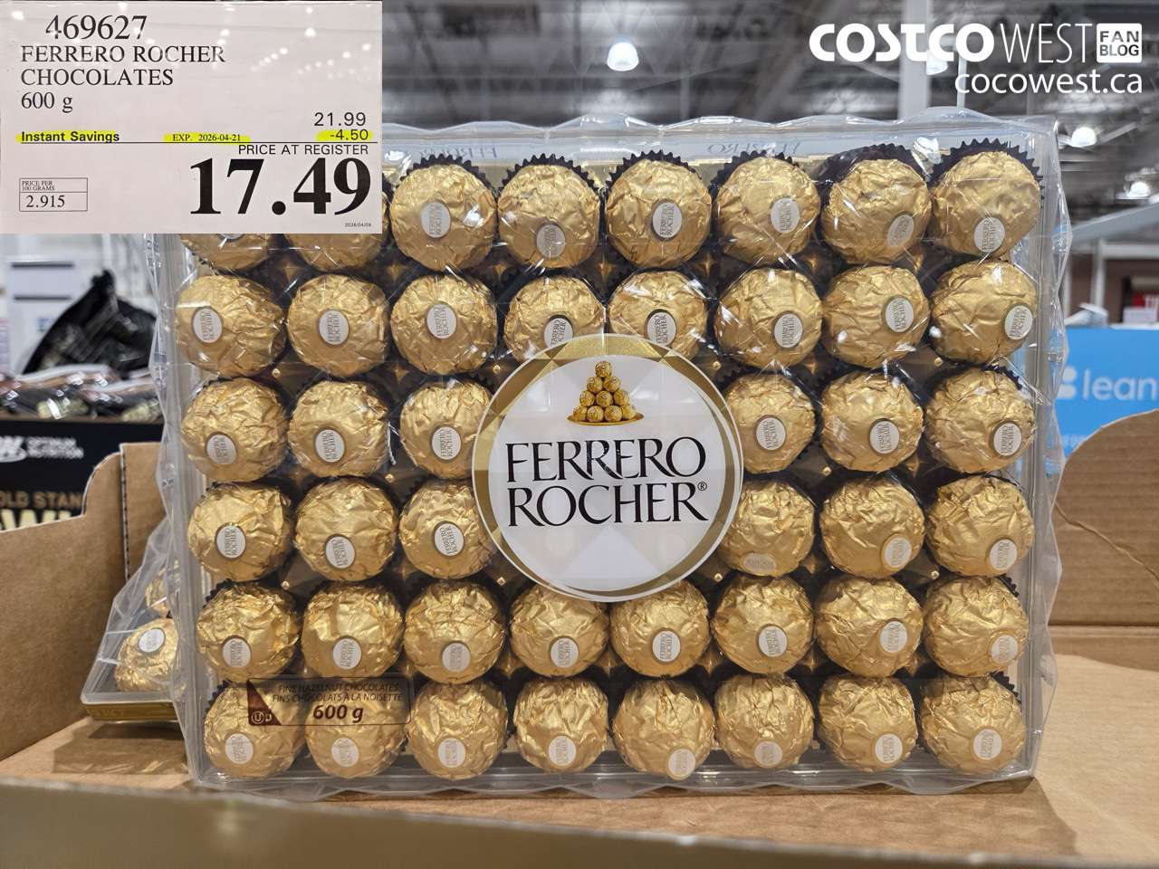 469627 FERRERO ROCHER CHOCOLATES 600 G ($4.50 INSTANT SAVINGS EXPIRES ON 2026-04-21) $17.49