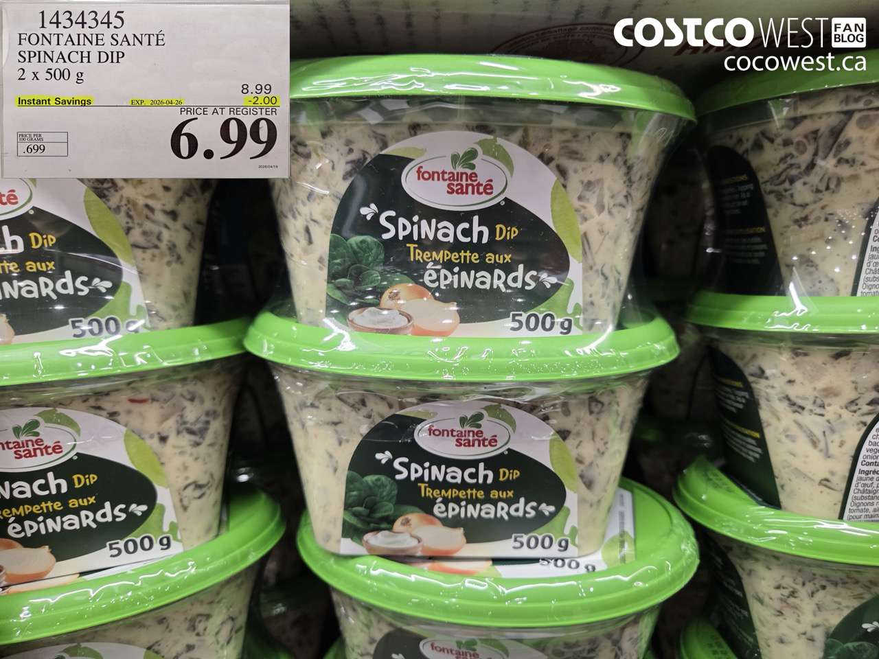 1434345 FONTAINE SANTÉ SPINACH DIP 2 X 500 G ($2.00 INSTANT SAVINGS EXPIRES ON 2026-04-26) $6.99