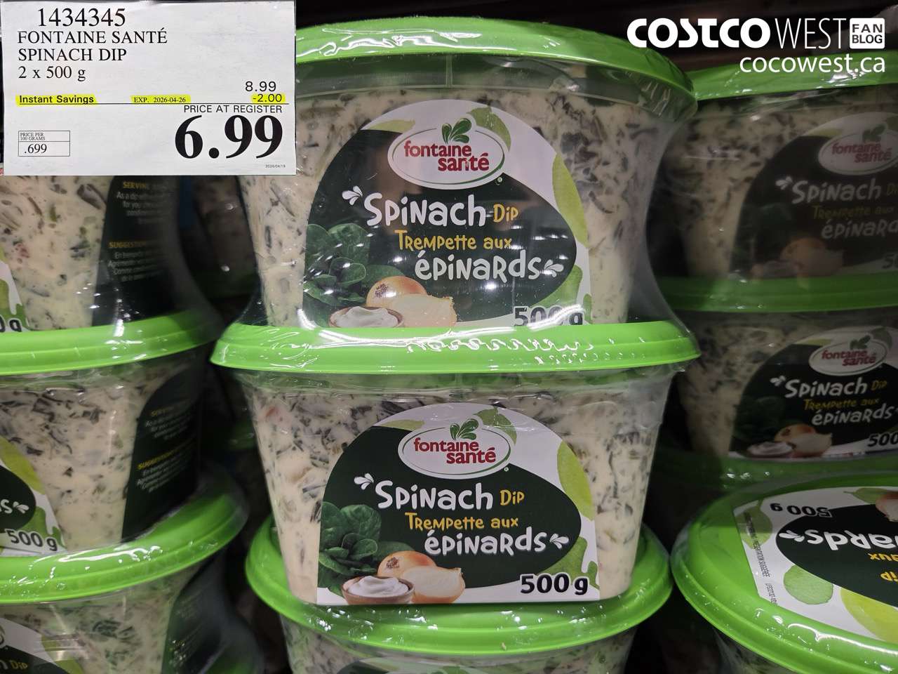 1434345 FONTAINE SANTÉ SPINACH DIP 2 X 500 G ($2.00 INSTANT SAVINGS EXPIRES ON 2026-04-26) $6.99