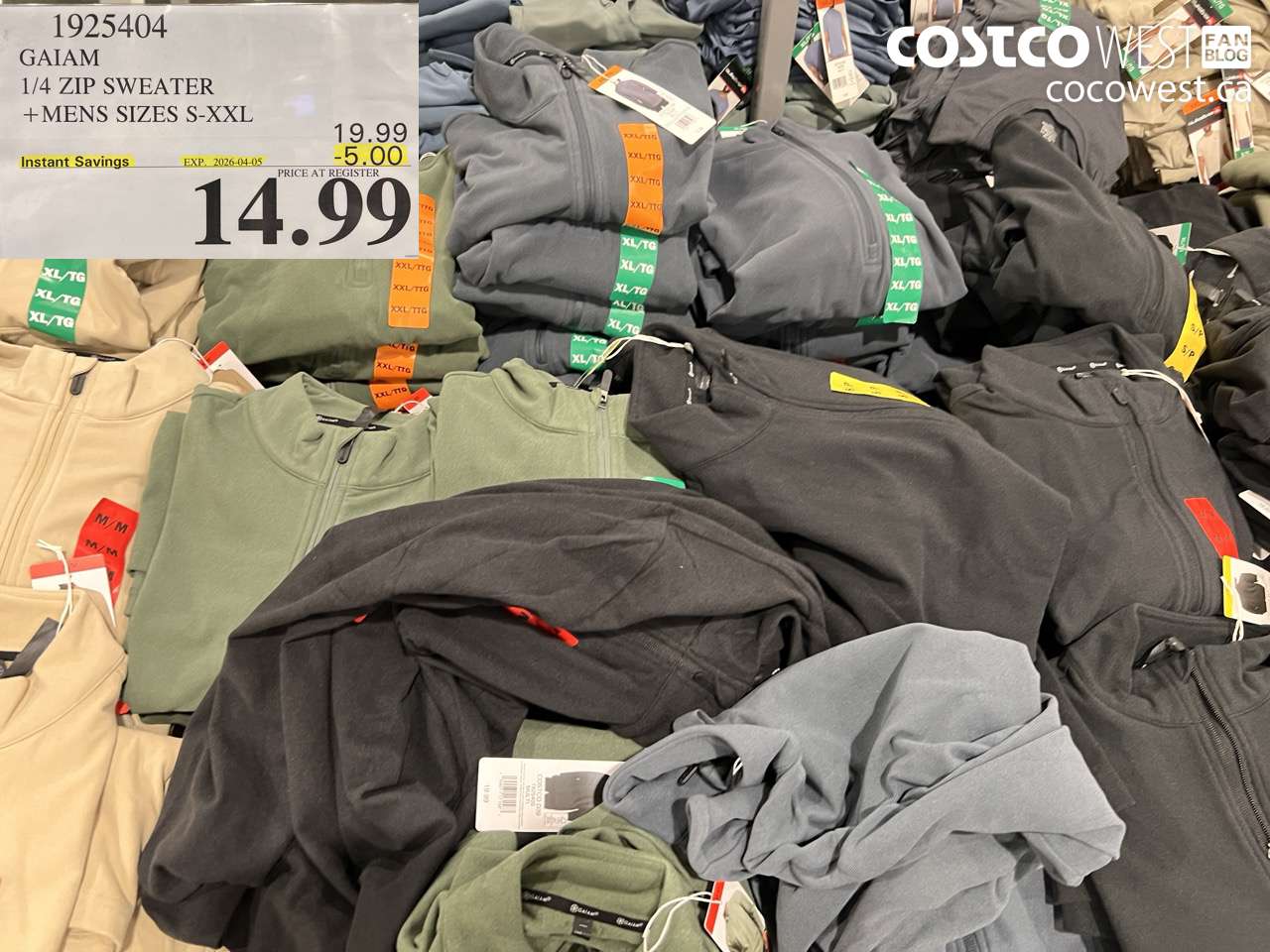 1925404 GAIAM 1/4 ZIP SWEATER MENS SIZES S-XXL ($5.00 INSTANT SAVINGS EXPIRES ON 2026-04-05) $14.99