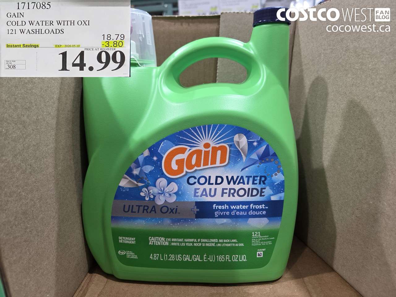 1717085 GAIN COLD WATER WITH OXI 121 WASHLOADS ($3.80 INSTANT SAVINGS EXPIRES ON 2026-05-10) $14.99