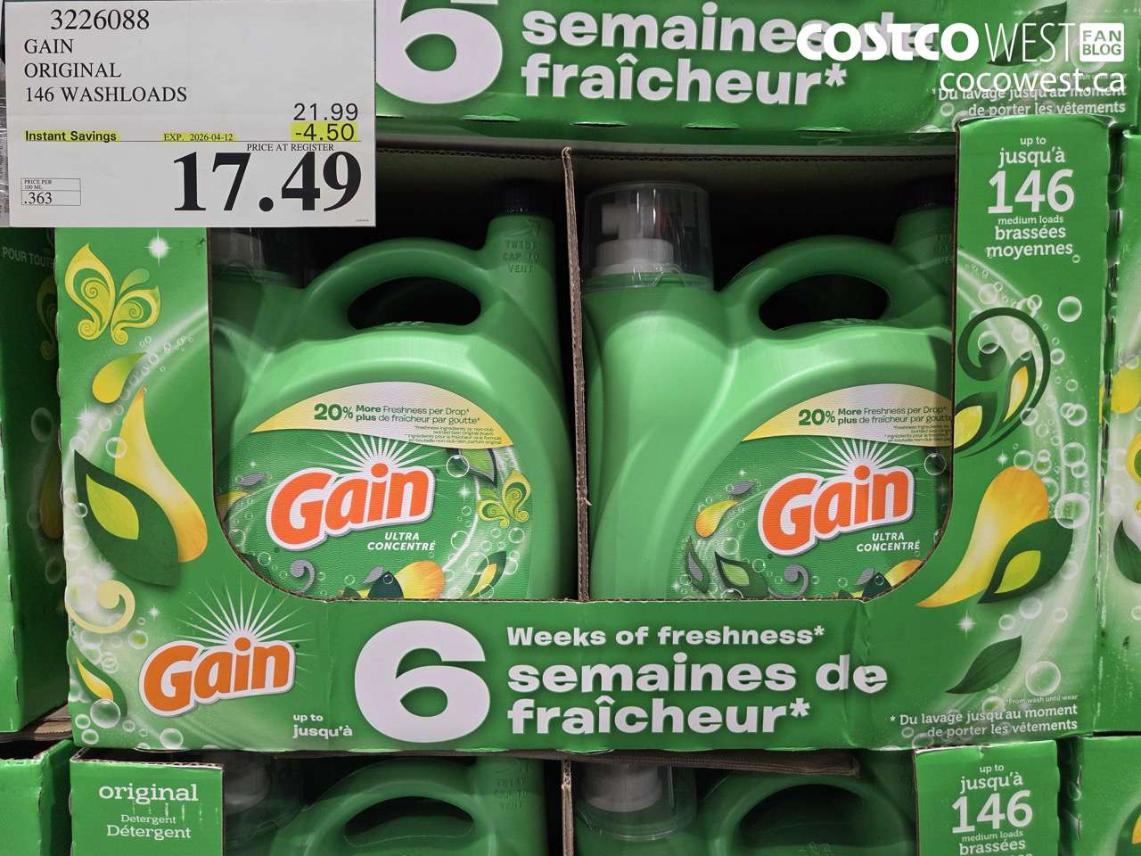 3226088 GAIN ORIGINAL 146 WASHLOADS ($4.50 INSTANT SAVINGS EXPIRES ON 2026-04-12) $17.49