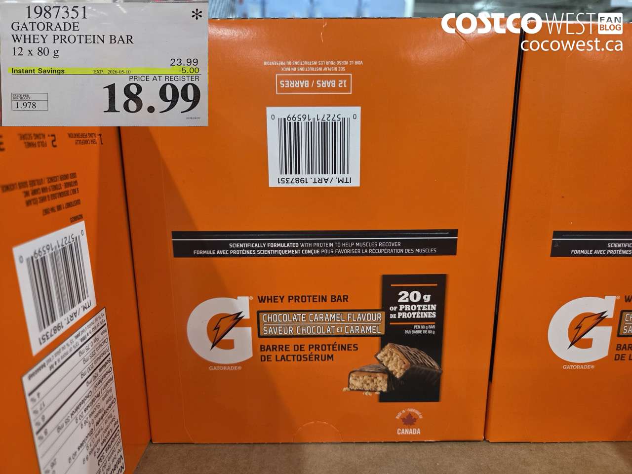 1987351 GATORADE WHEY PROTEIN BAR 12 X 80 G ($5.00 INSTANT SAVINGS EXPIRES ON 2026-05-10) $18.99