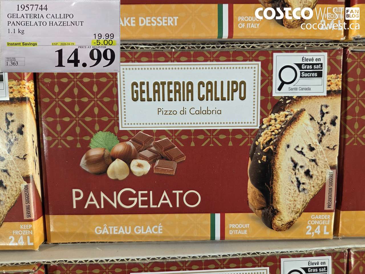 1957744 GELATERIA CALLIPO PANGELATO HAZELNUT 1.1 KG ($5.00 INSTANT SAVINGS EXPIRES ON 2026-04-19) $14.99