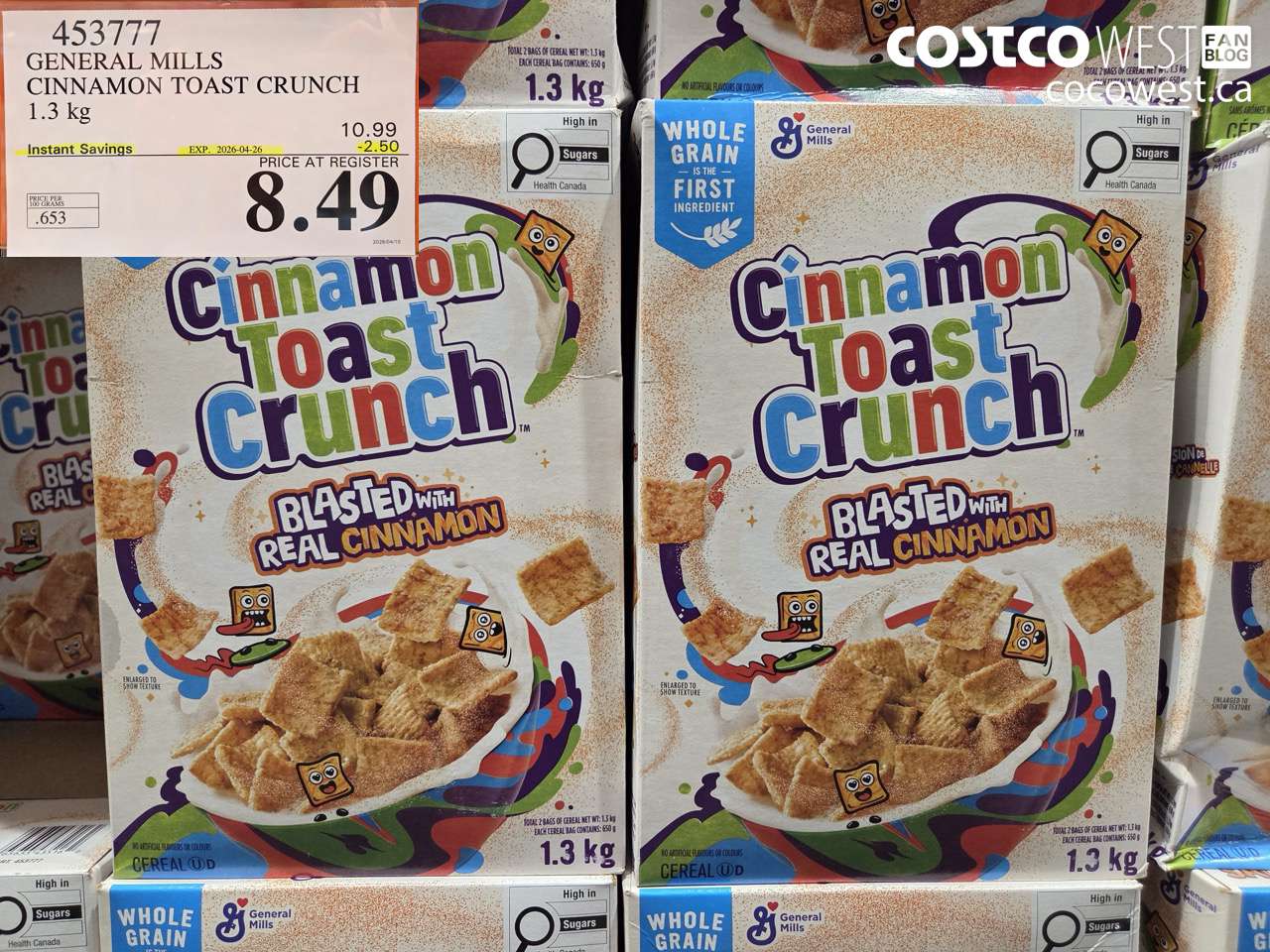 453777 GENERAL MILLS CINNAMON TOAST CRUNCH 1.3 KG ($2.50 INSTANT SAVINGS EXPIRES ON 2026-04-26) $8.49