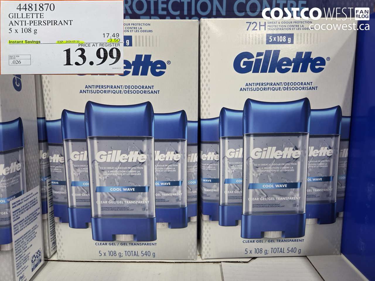 4481870 GILLETTE ANTI-PERSPIRANT 5 X 108 G ($3.50 INSTANT SAVINGS EXPIRES ON 2026-05-10) $13.99