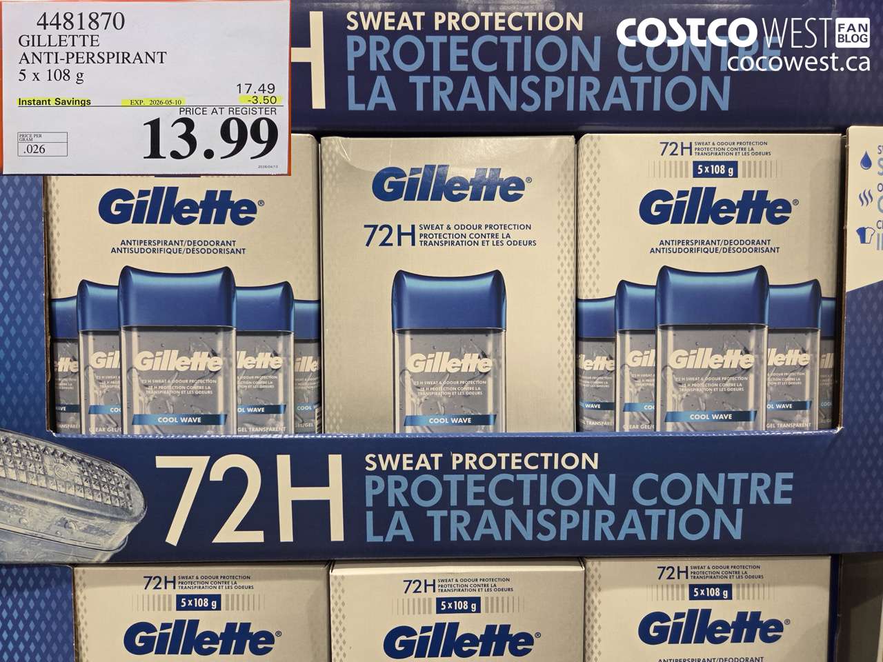 4481870 GILLETTE ANTI-PERSPIRANT 5 X 108 G ($3.50 INSTANT SAVINGS EXPIRES ON 2026-05-10) $13.99