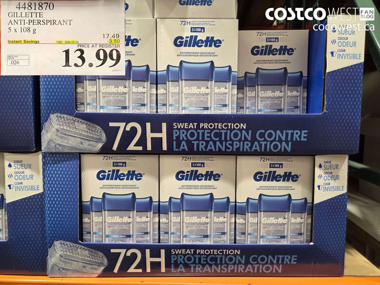 4481870 GILLETTE ANTI-PERSPIRANT 5 X 108 G ($3.50 INSTANT SAVINGS EXPIRES ON 2026-05-10) $13.99