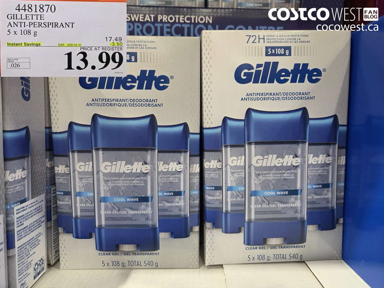 4481870 GILLETTE ANTI-PERSPIRANT 5 X 108 G ($3.50 INSTANT SAVINGS EXPIRES ON 2026-05-10) $13.99