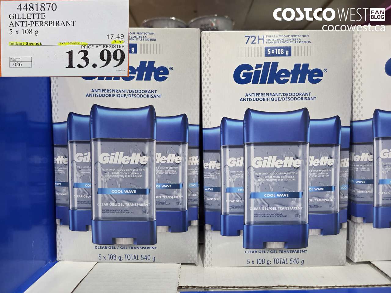 4481870 GILLETTE ANTI-PERSPIRANT 5 X 108 G ($3.50 INSTANT SAVINGS EXPIRES ON 2026-05-10) $13.99